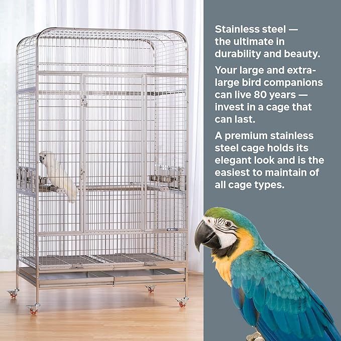 Prevue Pet Products Imperial Extra Large Stainless Bird Cage - Big Birdcage Ideal for Parrots, Cockatoos, Macaws, Included Perch and Cups, Durable Cage with Wheels - Gray, Extra Large