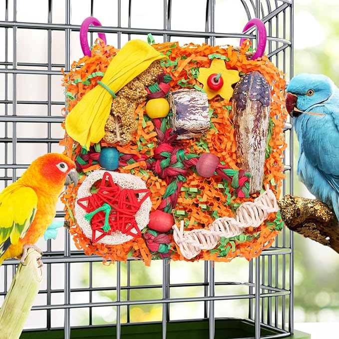Bird Toys for Small & Medium Parrots - Natural Foraging & Shredding Cage Hanging Toys with Seagrass Mat, Starfruit, Loofah Slices for Budgies, Cockatiels, Lovebirds, Conures (2 PCS)