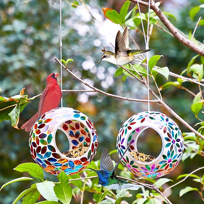 2 Pcs Mosaic Glass Hanging Bird Feeder Round Fly Through Balcony Bird Feeder for Backyard Window Outdoor Garden Deck Porch Decor