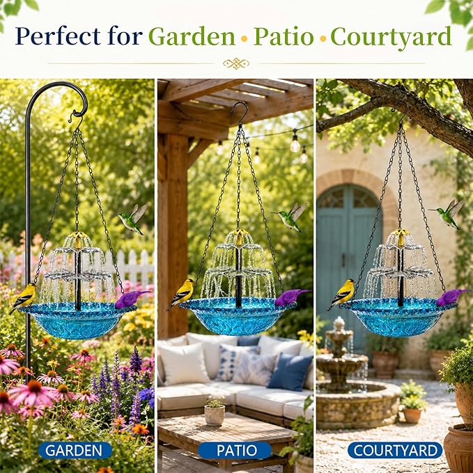 Hanging Bird Bath with Textured Bowl and Metal Chains, Solar Fountains with Cascade Flow for Outdoor Garden, Patio, and Yard Decor (Pink(L))