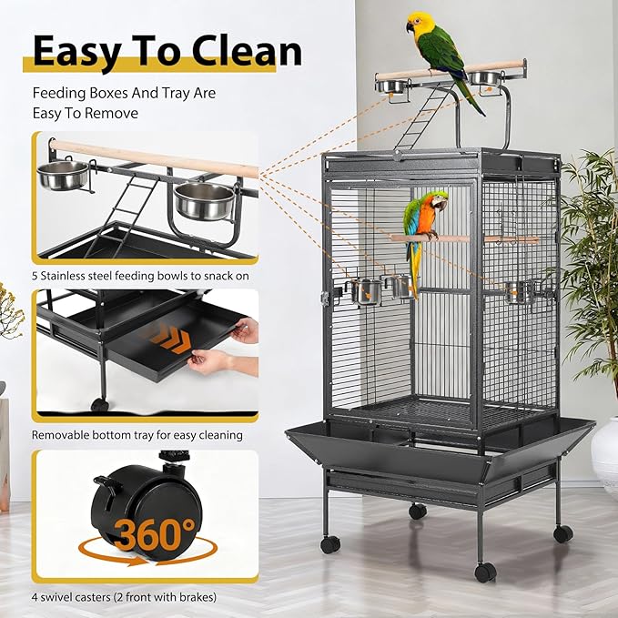 64.4" Tall Large Bird Cage, Metal Parrot Cage with Play Top, Rolling Stand & Bowls - Bird Aviary for Parrots, Conures, Cockatiels, Parakeets, Indoor Outdoor Aviary for Outside Porch Yard Garden