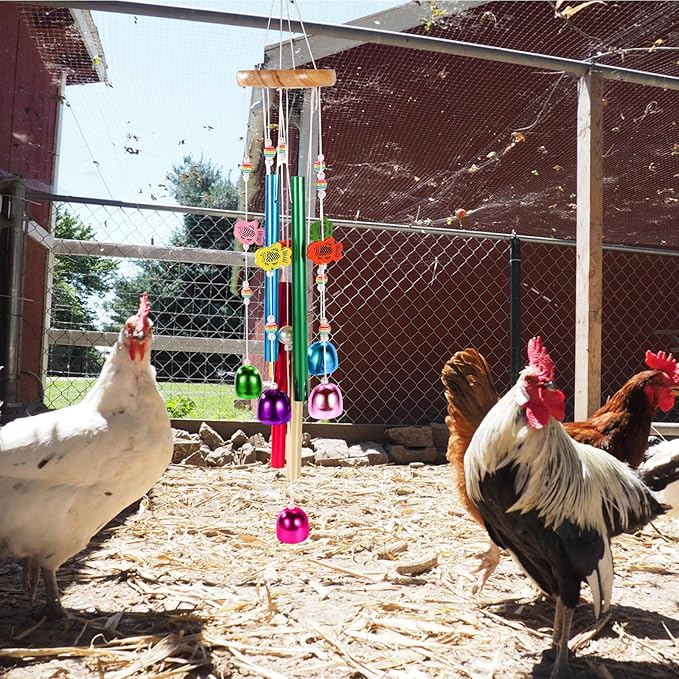 Chicken Toys for Coop, Enrichment Toys Wind Chimes Home Garden Colorful Art Hanging Chick Peck Toy Decoration with Bells Fun & Interactive Hens Brooder Accessories for Bird Parrot Lovebird