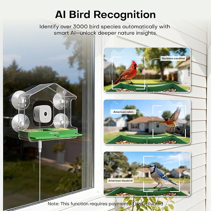 Smart Bird Feeder with Window Camera, 2K HD Camera for Window Viewing, AI BirdSpecies Recognition & Instant Alerts, Sturdy Acrylic Outdoor, Alexa Compatible, Gift for Bird Lovers