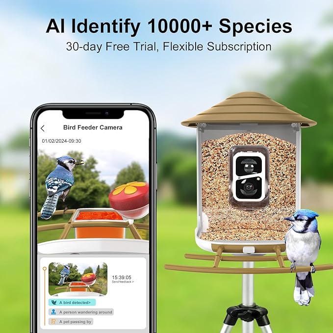 birdsnap® TUC Bird Feeder with Camera 2K HD Live with 32GB Card Auto Detect & Notify AI Identify Camera Birds Feeders Solar Powered Wireless Outdoors Backyard Gift for Mom Dad Birds Lover, 2.4G WiFi