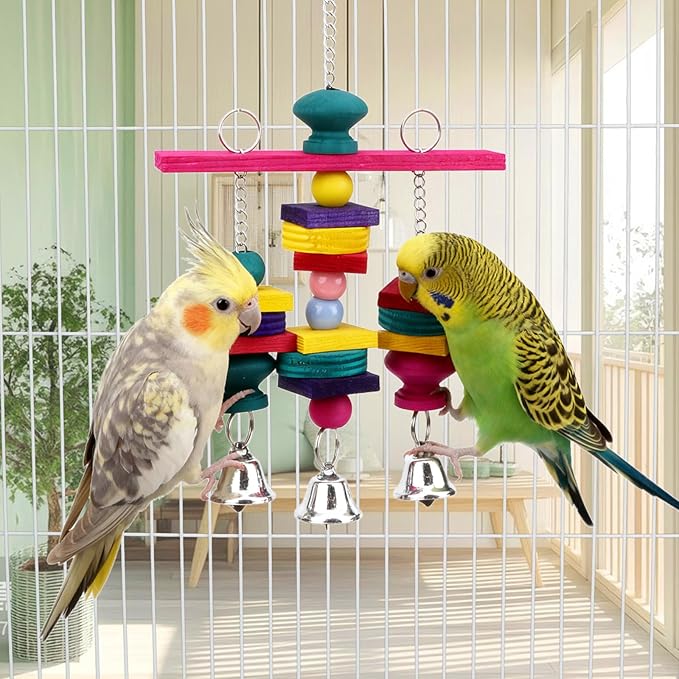 Hypeety Parrot Hanging Swing Bells Chew Toy Colorful Hanging Wood Block Natural Birds Toy for Parrot Macaw African Greys Cockatiels Budgies Conure Cage