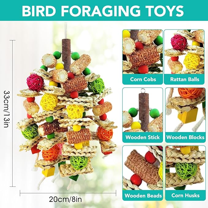Parrot Chew Toy, Natural Material Bird Foraging Toy for Conures, Quaker Parrots, Medium-Sized Birds - Colorful Hanging Shredding Toy with Woven Ball, Corn Cob and Wooden Beads