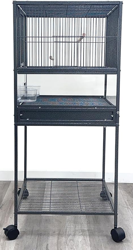 Elegant Sturdy Wrought Iron Bird Parrot Flight Cage Front Door Side Nesting Doors Acrylic Clear Bottom Prevent Food Spillage Storage Shelf Removable Rolling Stand Lockable Wheels