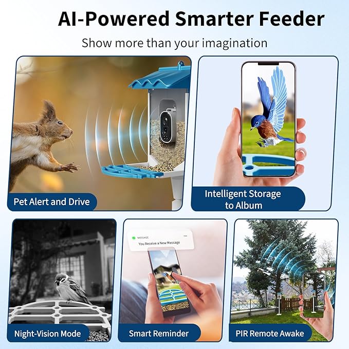 Garvee Smart Bird Feeder with 2K Camera & AI Recognition - Solar Powered, 2L Capacity, Night Vision, App Alerts, for Bird Watching, Squirrel Deterrent Function