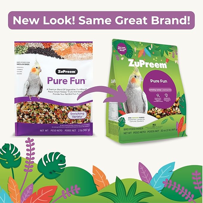 ZuPreem Pure Fun Bird Food, Cockatiel, Lovebird, Quaker, Small Conure, Lorikeet, Bird Seed and Pellets Blend for Medium Birds, ZuPreemEnriching Variety, Made in USA, Cockatiel Food, (Medium, 2 lb bag)