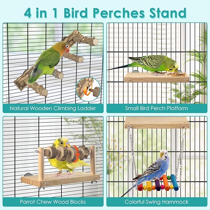 DBNESS 4 Pcs Bird Perch with Swing, Parrot Perches Platform with Chew Blocks, Natural Climbing Ladder Bridge Colorful Hammock for Budgies, Cockatiels, Lovebirds, Finches