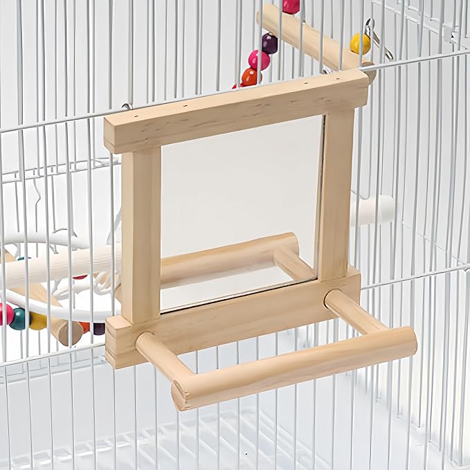 Natural Wood Bird Stand with Mirror, Perch and Swing Toy for Parakeets, Hummingbird, Lovebirds and Cockatoos (1 Pack)