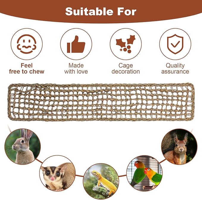 39.34 x 7.08 Inch Large Seagrass Mat for Birds with 5 Hooks, Bird Cage Accessories, Natural Grass Woven Bird Net Hammock Mat, Climbing Rope Ladder Chew Toys
