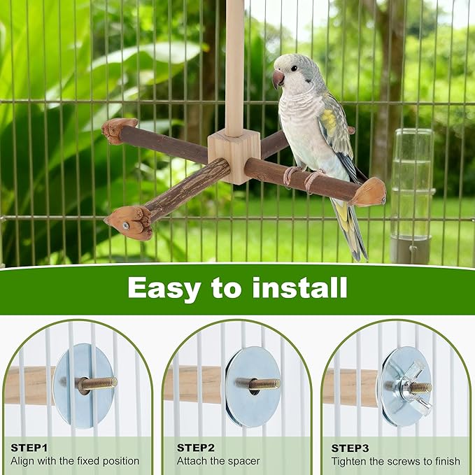 Rotating Bird Perches, Natural Wooden Perch with Chew Toy, Bird Toys for Small & Medium Birds, Medium, Natural Wood Color, 1 Set