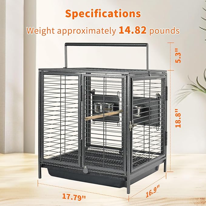 Portable Bird Travel Carrier Cage Black 19 Inch with Handle Wooden Perch,Parrot Travel cage Medium Birds for Cockatiels, Conures