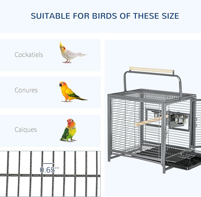 PawHut 18" Heavy Duty Wrought Iron Travel Bird Cage Carrier with Handle Perch and Accessories - Black