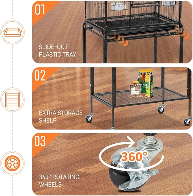 VINGLI 53-inch Bird Cage with Wheels, Durable Wrought Iron Parakeet Cage with Slide Out Tray, Black Bird Cages for Parakeets/Lovebird/Cockatiels/Budgies and Other Small/Medium Birds (Black, 53 inch)