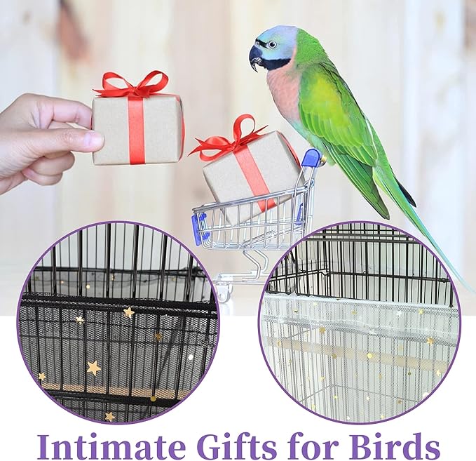 Daoeny 2Pcs Bird Cage Cover, Adjustable Bird Cage Seed Catcher, Large Soft Nylon Mesh Net with Twinkle Moon Star, Birdcage Cover Skirt Seed Guard for Parrot Parakeet Macaw Round Square Cages
