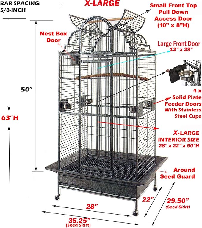 X-Large Elegant and Durable Wrought Iron Open/Close Play Top Bird Parrot Cage, Include Metal Seed Guard Solid Metal Feeder Side Nest Door Heavy Duty Lockable Rolling Wheels