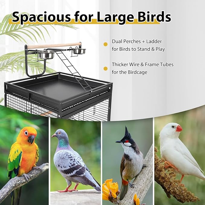 64.4" Tall Large Bird Cage, Metal Parrot Cage with Play Top, Rolling Stand & Bowls - Bird Aviary for Parrots, Conures, Cockatiels, Parakeets, Indoor Outdoor Aviary for Outside Porch Yard Garden