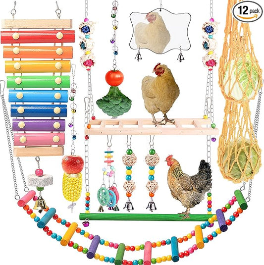 Chicken Toys for Coop 12PCS Set, KAKUNM Chicken Enrichment Toys，Including Xylophone, Swing Set, Mirror Toy, Flexible Ladder, Vegetable String Bag and Hanging Feeder, Coop Accessories for Hens