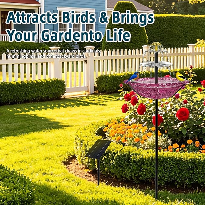 Bird Bath Fountain Solar for Outside, Outdoor Water Fountain Plastic, Attracts Birds with Cascading Spray for Yard & Patio (Purple)