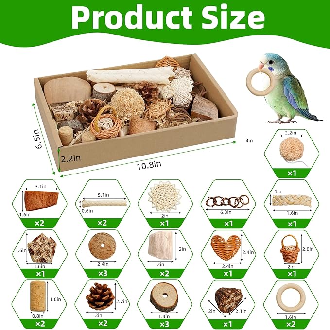 Bird Toys, Variety Natural Bird Foraging & Shredding Toys Boxes, Safe Parrot for Cockatiel ，Lovebird，Cockatoo，Macaw ，African Grey Parrot & Small Birds