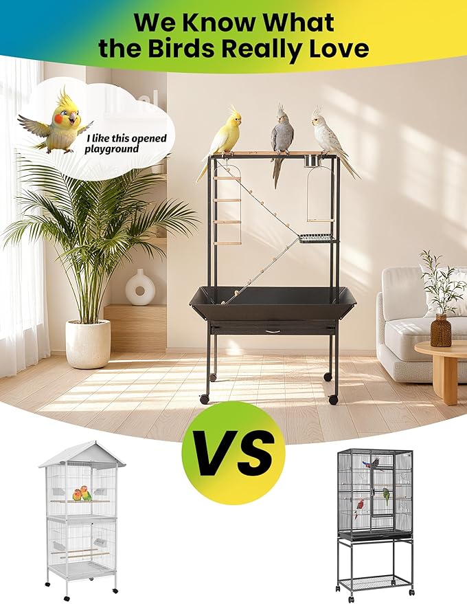 Garvee 64'' H Inch Birdcage Stand Play Center with Perches and Ladders, Indoor Outdoor Playground for Birds, Bird Playstand w/Rotated Ring Removable Tray, Lockable Caster, for Macaw and Parakeet