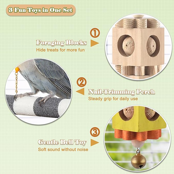 3 PCS Bird Chew Toy and Perch Set Rotating Wood Block Foraging Toys with Bells and Sandstone Nail Grinding Perch for Cockatiels Conures Caiques and Small Medium Parrots