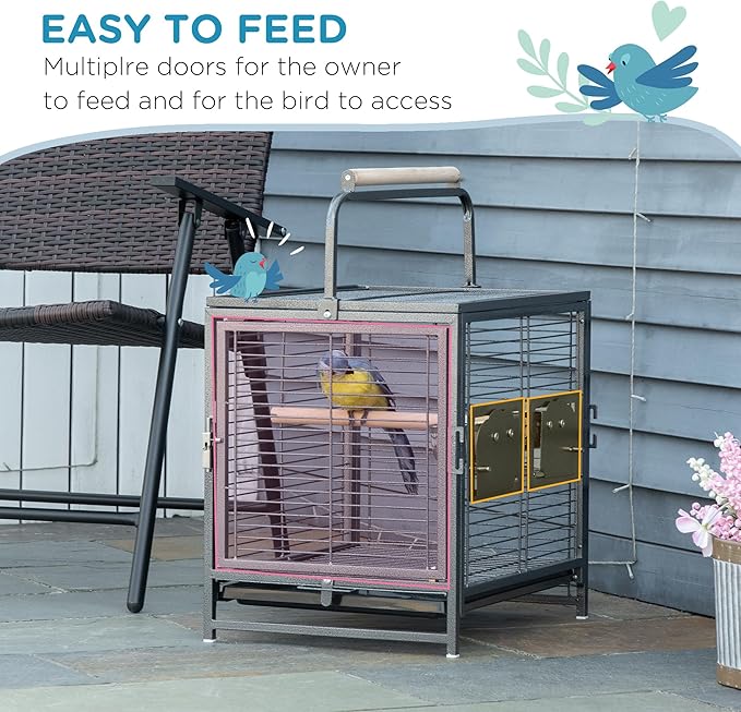 PawHut 18" Heavy Duty Wrought Iron Travel Bird Cage Carrier with Handle Perch and Accessories - Black