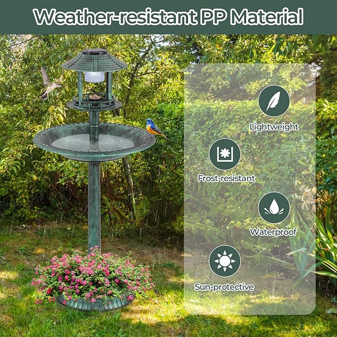 Giantex 42 inch Bird Bath Solar Lighted, Pedestal Bird Bath with Bird Feeder, Flower Planter Base, Solar Powered Lamp, 3 Ground Stakes, Standing Birdbath for Outside Garden Yard Outdoor (Green)
