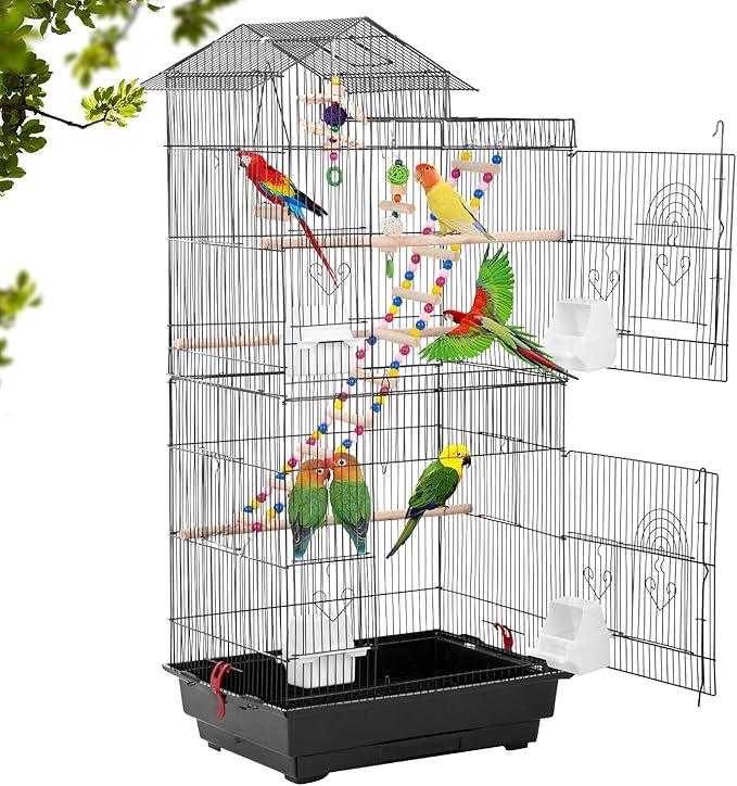 BestPet 39 inch Roof Top Large Flight Parrot Bird Cage Accessories Medium Roof Top Large Flight Cage Parakeet Cage for Small Cockatiel Canary Parakeet Sun Parakeet Pet Toy (Black)
