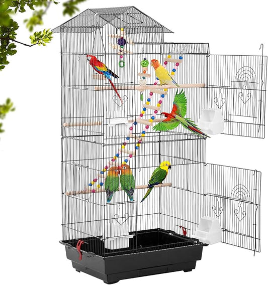 BestPet 39 inch Roof Top Large Flight Parrot Bird Cage Accessories Medium Roof Top Large Flight Cage Parakeet Cage for Small Cockatiel Canary Parakeet Sun Parakeet Pet Toy (Black)