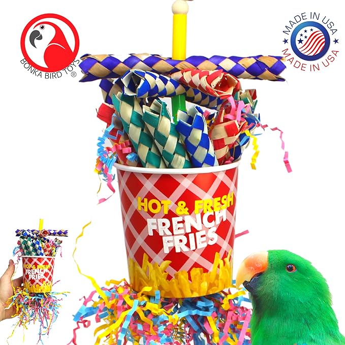 Bonka Bird Toys 2306 French Fries Small Medium Bird Toy Foraging Bamboo Trap Cup Paper Shred Cockatiels Parakeets Conures and Other Similar Sized Birds