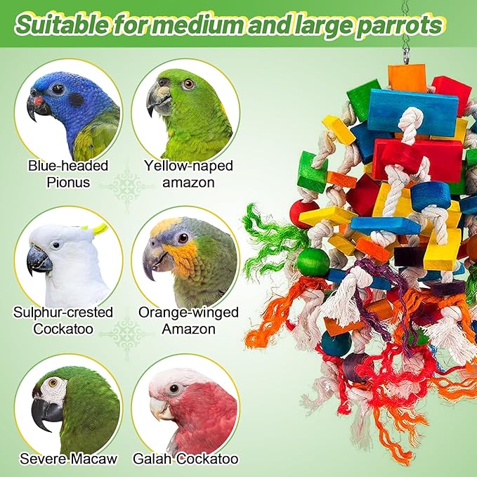 Large Parrot Toy - Multicolored Natural Wood Blocks Tearing Toys for Birds Suggested for African Grey, Macaw and Amazon Parrots