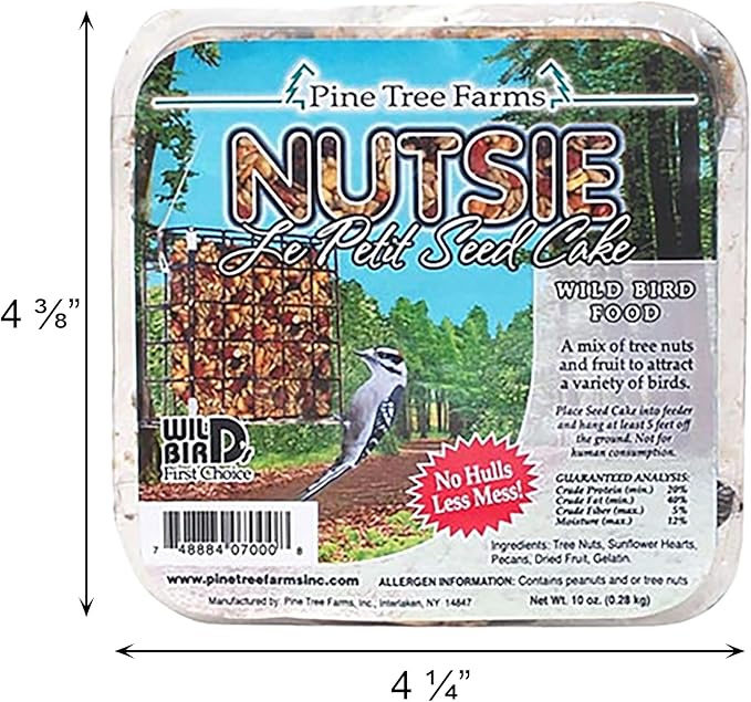 BestNest Pack of 12 Pine Tree Farms Le Petit Nutsie Seed Cakes – 10 oz. Wild Bird Food with Peanuts, Sunflower Hearts & Fruit – Fits Standard Suet Feeders