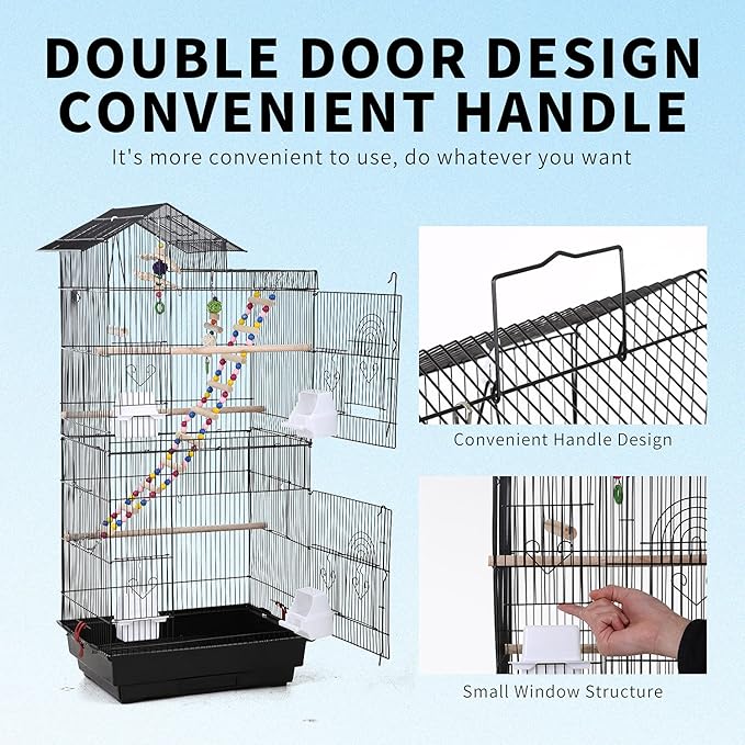 HCY 39 Inches Bird Cage Roof Top Large Flight Parrot Bird Cage with Toys for Medium Small Birds,Lovebirds,Finch,Cockatiel Parakeets,Parrot, Iron Bird Cage