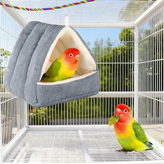 Large Winter Warm Bird House and Bird Bed for Cage with Soft Plush Hanging Hammock & Hut Tent, Hideaway Sleeping Nest for Macaws African Grey Amazon Parrots (Grey, L)