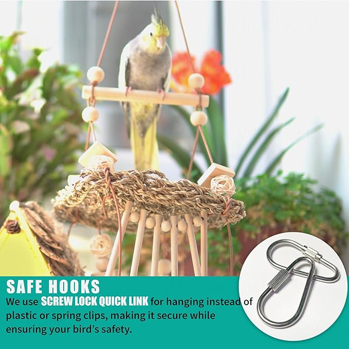 6 Pcs Natural Bird Toys for Parrots - Seagrass Swing, Loofah, Wood & Corn Husk Chew Toy Set - Shredding Enrichment Kit for Small to Medium Cockatiels, Parakeets, Conures, Budgies