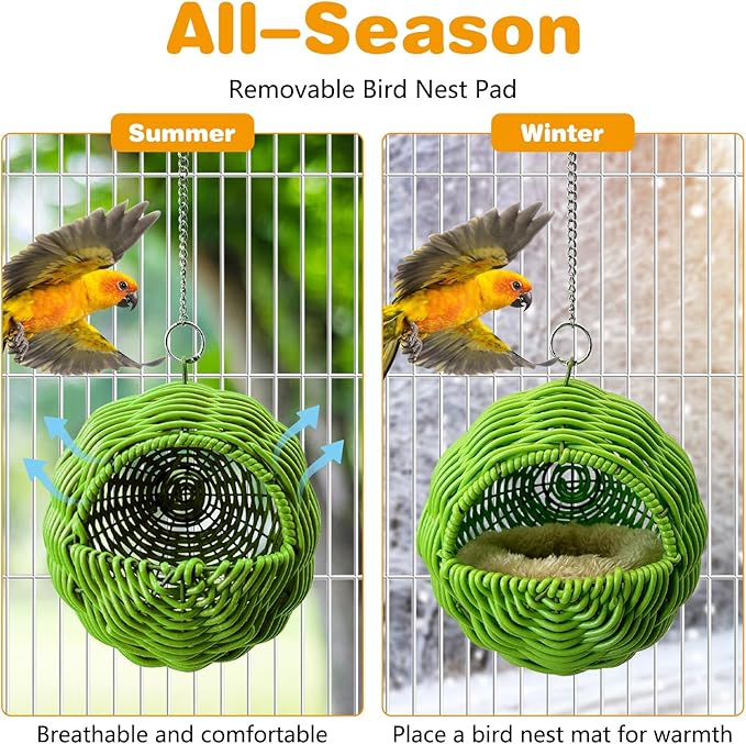 Rattan Birds Nest for Cage Hanging Parakeet House Chewproof Parrot Breeding Bed Small Budgies Hideout Swing Hut Bird Cage Accessories for Lovebirds Cockatiel Conure Finch Canary (Green)