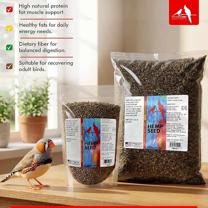 Morning Bird Hemp Seeds 18 lbs (2-Pack, 9 lbs Each) – High in Natural Protein, Healthy Fats, Omega 3 and 6 Fatty Acids, Delicious Natural Flavor, Supports Feather Growth & Overall Health