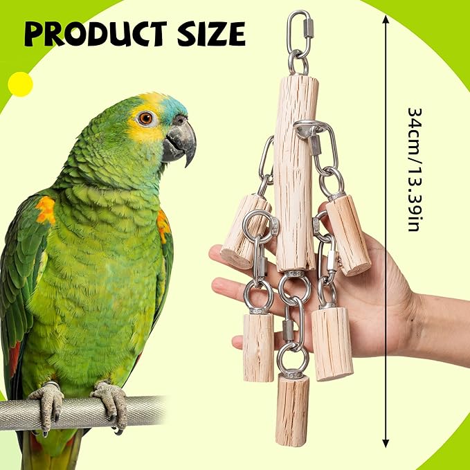 Natural Hardwood Parrot Chew Toy for Large Birds, Heavy Duty Wooden Bird Toy with Stainless Steel Hardware, Cage Hanging Enrichment Toy for Macaws, Cockatoos, African Greys