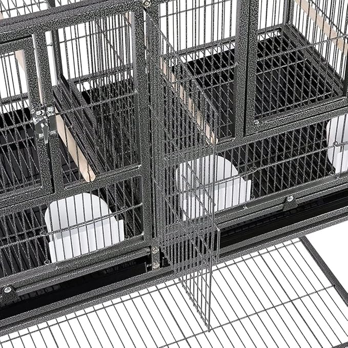 Sturdy Wrought Iron Triple Stack Combo Breeding Stacker Center Divided Breeder Bird Flight Double Rolling Cage with Side Breeding Nest Doors with Rolling Stand Storage Shelf