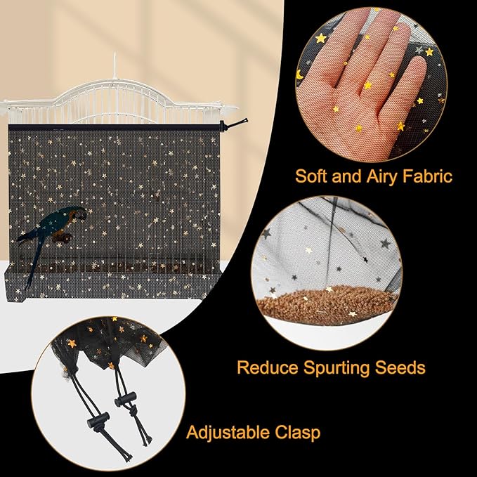 Bird Cage Seed Catcher, 60-118'' Large Bird Cages Cover, 31.5'' H Adjustable Nylon Bird Cage Mesh Net, Soft Airy Bird Cage Skirt Guard Accessories for Parrot Parakeet Macaw (Black)