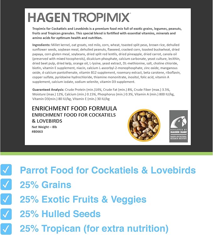 Hari Tropimix Bird Food for Cockatiels and Lovebirds, Hagen Parrot Food with Seeds, Fruit, Vegetables, Vitamins & Amino Acids, 8 Pound (Pack of 1)
