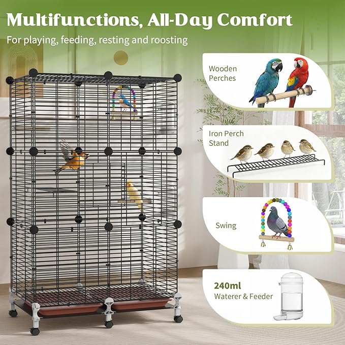 Pawaboo Bird Cage, 24.2''L x 16''W x 41''H Flight Cage with Slide-Out Tray, Waterer & Feeder, 360° Movable Metal Breeding Bird Cages with Stand & Perch for Parrot Parakeets Cockatiel Lovebird Finch