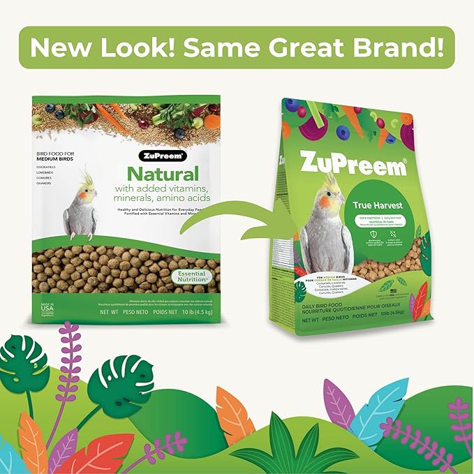 ZuPreem True Harvest Bird Pellets, Daily Bird Food for Cockatiel, Lovebird, Quaker, Small Conure, Lorikeet, Core Nutrition for Medium Birds, Added Vitamins, Cockatiel Pellets (M, 10 lbs)