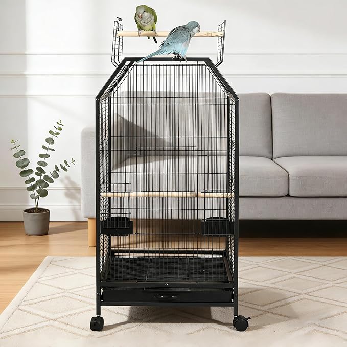 40inch Bird Cage with Rolling Wheels, Open-Top Parrot Cage Sturdy Iron Pet Bird Flight Cage Large Birdcage for Parrots Cockatiels Conure Budgie Canary (Black)
