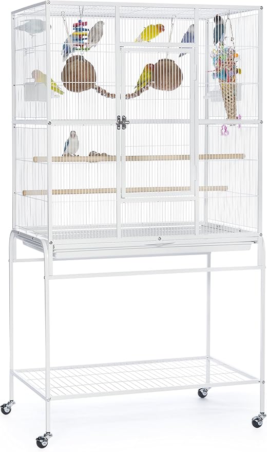 Prevue Pet Products Wrought Iron Flight Cage with Rolling Stand - Ideal for Parakeets, Cockatiels, Finches, Lovebirds, & Canaries, Large Flight Cage for Multiple Birds, Durable & Easy to Clean - White