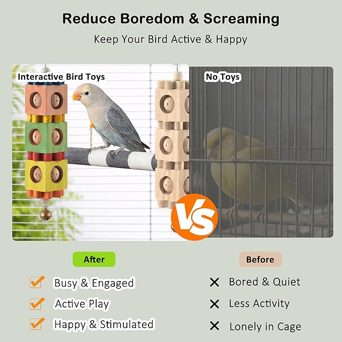 3 PCS Bird Chew Toy and Perch Set Rotating Wood Block Foraging Toys with Bells and Sandstone Nail Grinding Perch for Cockatiels Conures Caiques and Small Medium Parrots