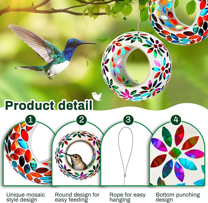 2 Pcs Mosaic Glass Hanging Bird Feeder Round Fly Through Balcony Bird Feeder for Backyard Window Outdoor Garden Deck Porch Decor